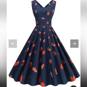 Strawberry Print Navy Dress